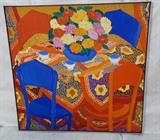 Lot 567:  WICKEY Large Oil Painting. Matisse style. Tea Time with red yellow & blue cloths. Signed: Dimensions:  H: 47 inches: W: 47 inches --- 