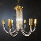Lot 605:  CARLO SCARPA style Lucite Rod 6 Arm Chandelier. Vintage Modern. Brass caps & accents. Not marked: Dimensions:  H: 19 inches: W: 27 inches --- 