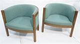 Lot 609:  Pr Barrel Back Lounge Chairs. Aqua Blue Fabric on rounded back club chairs. WOOD TRIM AND ROUND COLUMN LEGS: Dimensions:  H: 25.75 inches: W: 23.25 inches: D: 26 inches --- 