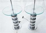 Lot 621:  Pr Modern Chrome Glass Lamp Tables. KOVACS style Four stacked chrome ball base with glass table and chrome rod lamp. : Dimensions:  H: 56 inches: W: 16 inches: D: 16 inches --- 
