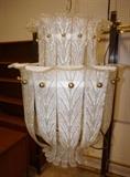 Lot 638:  Large Murano Italian Glass Chandelier. Textured Leaf panels held with brass ball accents. : Dimensions:  H: 24 inches: W: 20 inches: D: 20 inches --- 