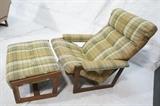 Lot 647:  2pc Danish Modern Teak Lounge Chair & Ottoman. Low profile open frame construction with tall back. Striped plaid fabric. Green stripe plaid fabric. : Dimensions:  H: 34 inches: W: 32 inches: D: 39 inches --- 