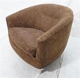 Lot 650:  Barrel Back Baughman style Brown Lounge Chair. Square chrome tube legs. Textured patterned brown fabric. Remnants of tag. : Dimensions:  H: 26 inches: W: 35 inches: D: 29 inches --- 