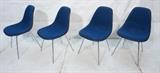 Lot 657:  Set 4 Herman Miller Eames Molded Shell Dining Chairs. Blue wool fabric. Chromed chair legs. Mold mark. One has paper label. : Dimensions:  H: 31.5 inches: W: 19 inches: D: 19 inches --- 