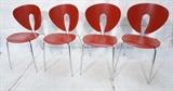 Lot 659:  Set 4 GLOBUS STUA Red Dining Chairs. Tube chrome legs with loop detail to chair backs. Globus Stua Contemporary Furniture by JESUS GASCA Label: Dimensions:  H: 32 inches: W: 18 inches: D: 19 inches --- 