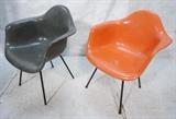 Lot 661:  2pc Charles EAMES for HERMAN MILLER Shell Chairs. One red fiberglass. One gray fiberglass. One marked.: Dimensions:  H: 31 inches: W: 26 inches: D: 25 inches --- 