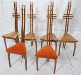 Lot 664:  Set 6 American Studio Craftsman Dining Chairs. Tall double backs with three tier details. Four chairs have three part triangular wood seats. Two chairs have red orange fabric seats. Metal tag. : Dimensions:  H: 53 inches: W: 18 inches: D: 18 inches --- 