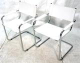 Lot 676:  Pr tubular chrome frame Modern Directors Chairs. White leather seat & back. Not marked: Dimensions:  H: 31.5 inches: W: 23.5 inches: D: 20 inches --- 