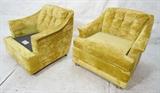 Lot 689:  Pr Green Plush Upholstered Lounge Chairs. Tufted Backs. Modern Vintage: Dimensions:  H: 28 inches: W: 31.5 inches: D: 30 inches --- 