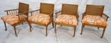 Lot 691:  Set 4 Faux Bamboo Woven Rattan Back Arm Chairs. Orange Floral Fabric Cushions. Miami Modernism: Dimensions:  H: 29.75 inches: W: 24.5 inches: D: 21 inches --- 