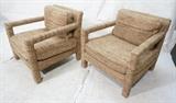 Lot 700:  Pr Parsons style Lounge Chairs. Tweedy Brown Upholstered Frames. : Dimensions:  H: 28.5 inches: W: 29.5 inches: D: 30 inches --- 