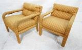 Lot 701:  Pr Vintage Modern Arm Lounge Chairs. Frames upholstered in gold & orange diamond pattern fabric. : Dimensions:  H: 287 inches: W: 26.5 inches: D: 29.5 inches --- 