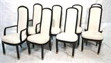 Lot 708:  Set 6 HENREDON Tall Back Contemporary Dining Chairs. Ebonized Black Lacquer frames. Metal cap feet. Cream upholstery: Dimensions:  H: 44 inches: W: 22 inches: D: 21 inches --- 