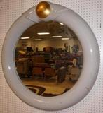Lot 709:  Designer Round Gray Wall Mirror. Rounded frame with gold disc accent.                     : Dimensions:  H: 43 inches: W: 43 inches: D: 3 inches --- 