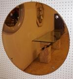 Lot 712:  Round Pink Glass Art Deco Mirror. Beveled edge. Chrome star accents: Dimensions:  H: 30 inches --- 