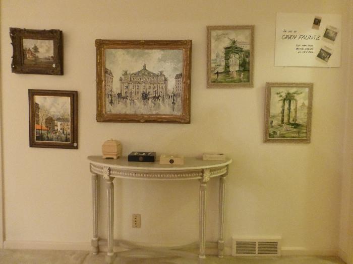 French Style Demi-lune Table & Oil and Other Paintings