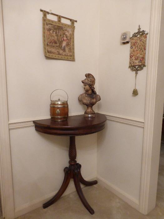 Sm. Demi-Lune Table, Mahogany, Swirl Carved Pedestal Base & Three Flared Legs
