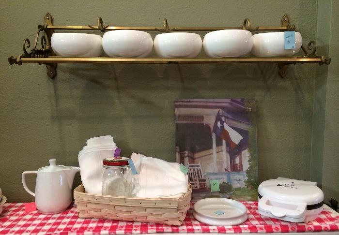 Longaberger basket, white bowls, waffle irons -- ready for breakfast!