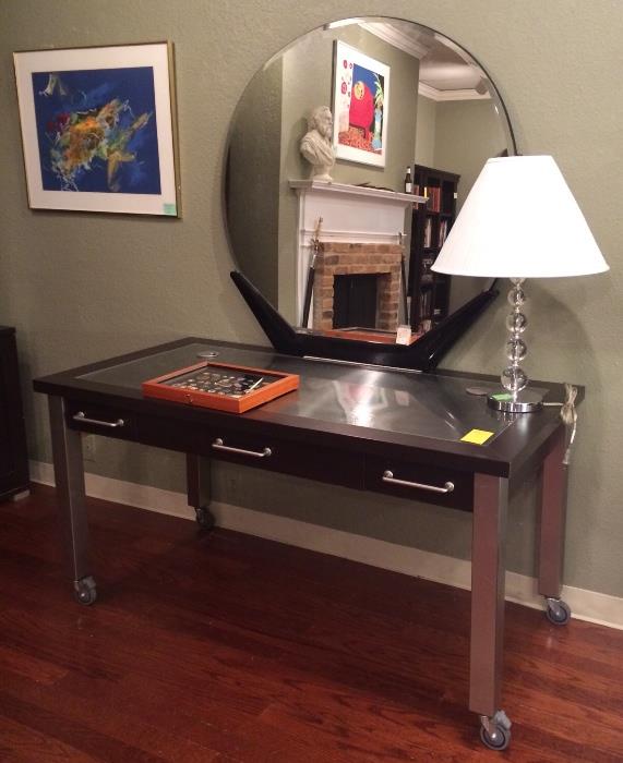 Sauder rolling desk, art deco mirror, art.