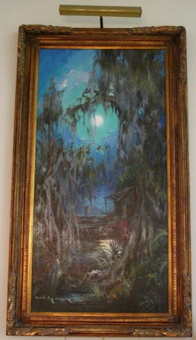 Colette Pope Heldner (B.1902 Minnesota - D.1990 New Orleans; Married to Knute Helner Swedish artist.  Louisiana Swamp Scene original oil on Canvas (24" x 48") 4" Gilt Wood Frame