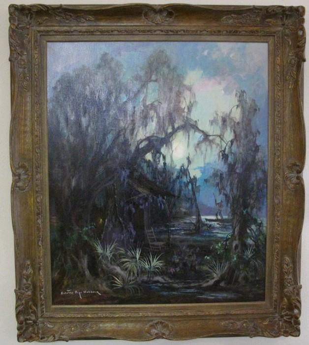 "Swamp Idyll" Louisiana Bayou Country by Colette Pope Heldner (B.1902 Minnesota - D.1990 New Orleans, LA)  married to Knute Helner Swedish born artist.  Original oil on Canvas (30" x 36") Framed in a 5" Gilt Wood Baroque Style Frame 