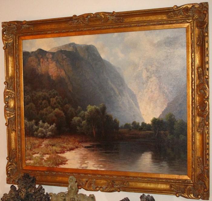 A.D. Greer, Texas Artist (1904-1998) A legend among Texas landscape painters.  24"H x 30"W oil on canvas in a 4" gilt Wood baroque frame.   