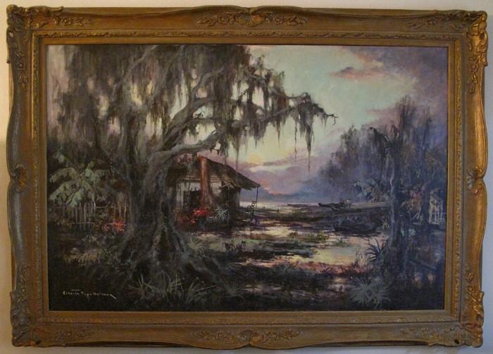 "Swamp Idyl" (Louisiana Bayou Country" by Colette Pope Heldner (B.1902 Minnesota - D.1990 New Orleans, LA)  married to Knute Helner Swedish born artist.  Original oil on Canvas (54"  x  36") Framed in a 5" Gilt Wood Baroque Style Frame