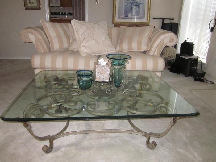 Glass and iron coffee table, sofa