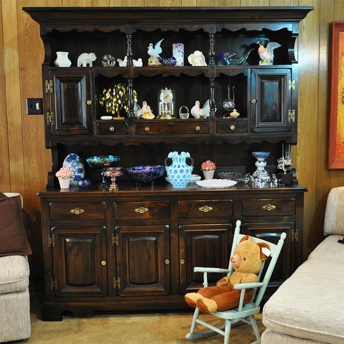 Very nice solid wood cabinet and hutch.  In  excellent, well cared for condition.  Antique child's rocker original belonged to one of the early settlers of Floyd County.