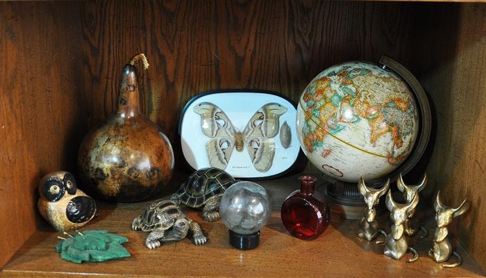 Framed moth, retro brass mice, painted gourd and a very nice globe.