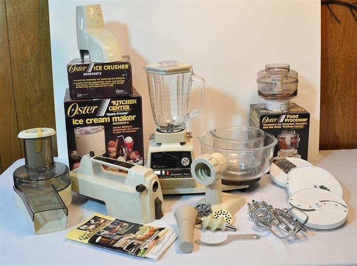 Oster Regency Kitchen Center.  This is a vintage, unused set.  You have one power base and it mixes, blends, chops, slices, grinds, process, crushes ice and even makes ice cream with its attachments!!