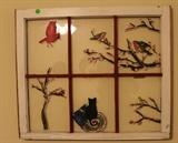 Hand painted window with red birds and budding cherry trees.  Look at the sweet cat.  Don't you know what is on his mind.