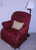 Lazy Boy Club chair in red fabric with dragon flies.  Very comfortable.