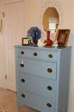 Hand painted blue chest with white mirror and accessories.