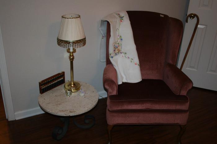 Mid century Italian marble top & iron side table, rose pink wing back chair