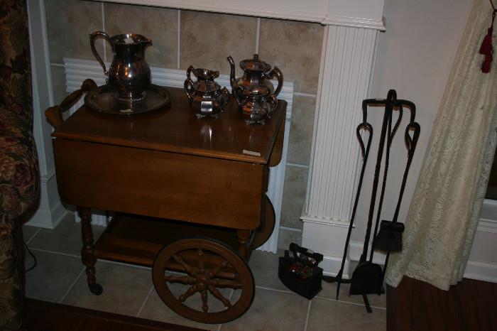 Vintage tea cart, fine silver plate set, cast iron fireplace set, antique iron