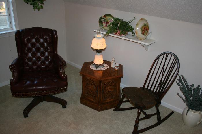 Leather rolling chair, antique rocker, lamp, ironstone pitcher, commode cabinet