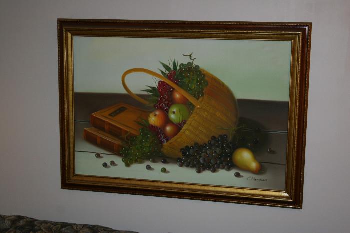 Fruit basket with books still life painting