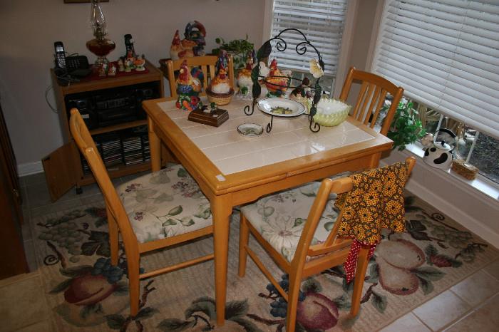 Expanding tile top table & chairs, fruit rug, metal plate stand, chickens
