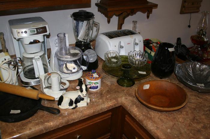 Toaster, blender, coffee maker, food processor, vintage wood bowl