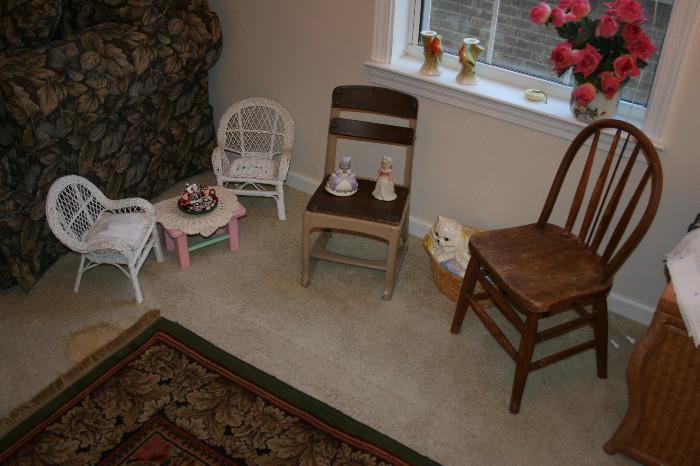 Children's chairs, pair of bird spill vase candlesticks