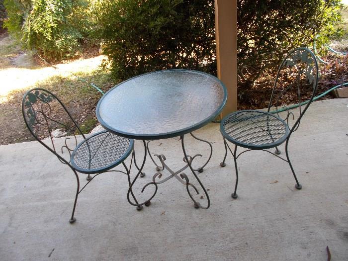 "Bistro"/Patio Set Round Metal/Glass Table - 2 Metal  Chairs - Nice Set!