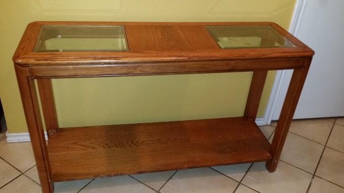 solid wood sofa table with beveled glass inserts