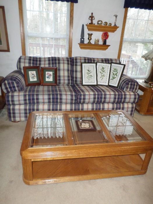 Couch,Oak Coffee Table,Framed Art Prints,Knic Knacs