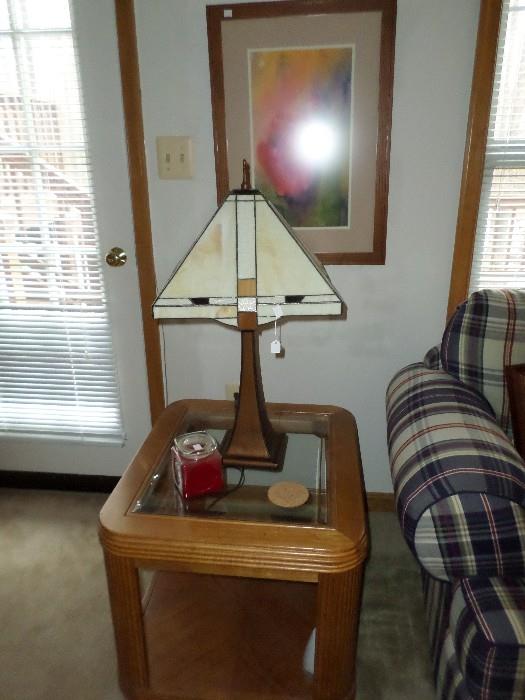 1 of a pair of Oak End Tables,Art Deco Stained Glass Lamp