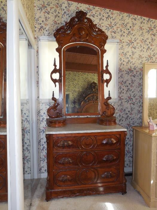 Walnut Bureau, Victorian era, Dresser with mirror and marble top, excellent condition. Set priced to sell.