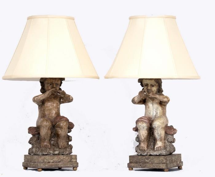 Italian Carved Cherub Lamps