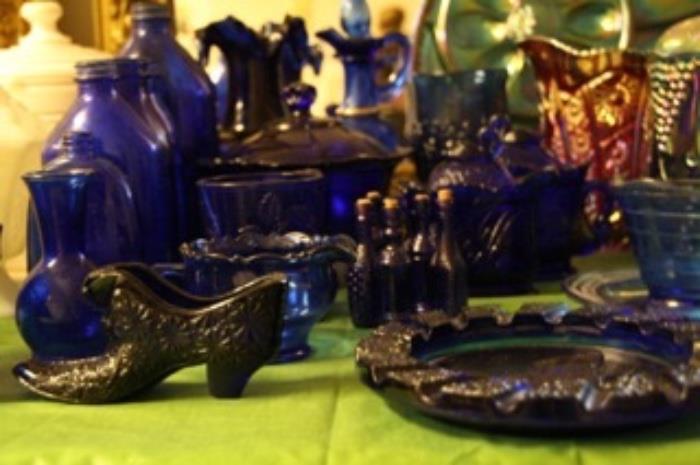 Cobalt blue depression glass and carnival glass