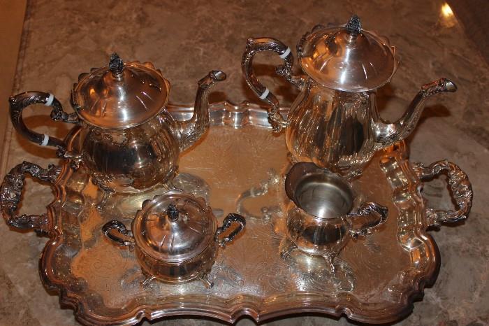 Silver plate tea set and tray.