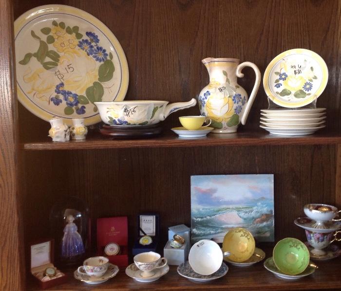 Redwing pottery, vintage Noritake cups and saucers, Halcyon Days and Staffordshire enameled boxes, Royal Dalton figurine. 